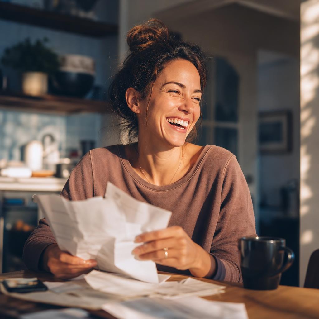 Woman at her kitchen table laughing with relief while holding her medical bills